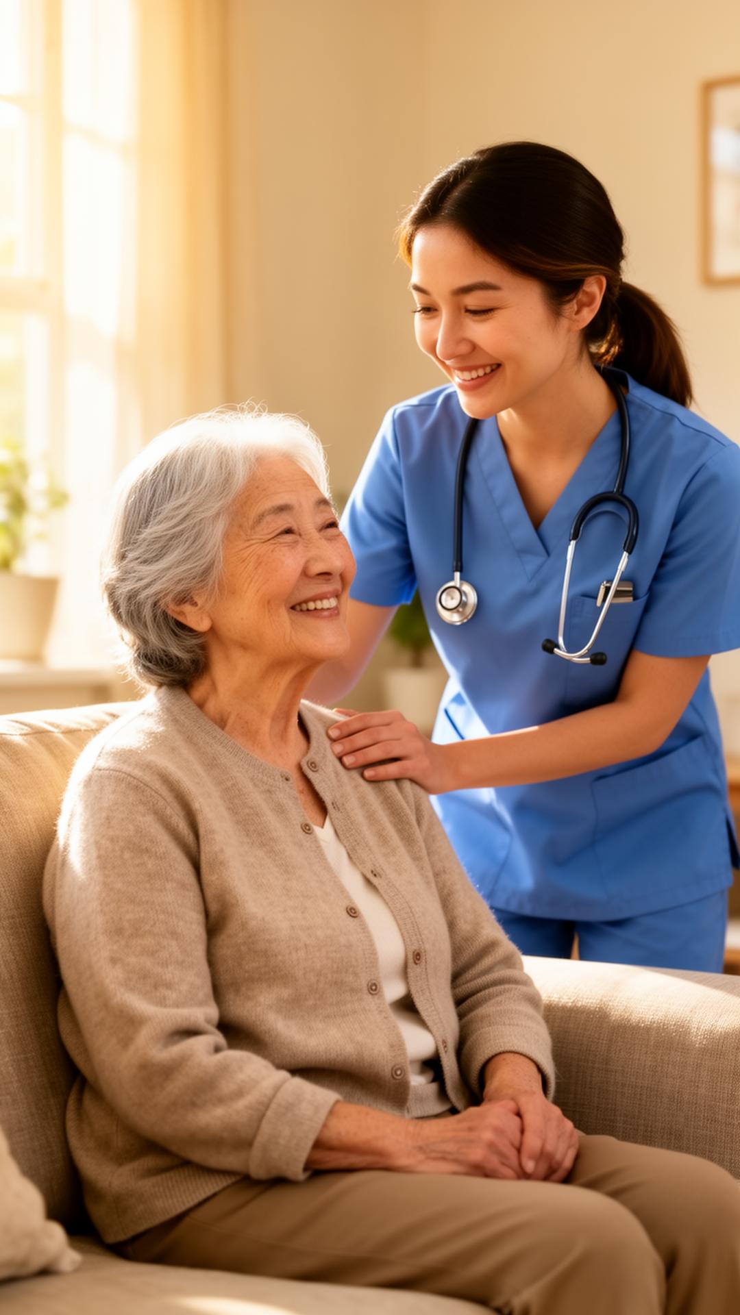 Caregiver supporting a smiling elderly woman in a warm sunlit home